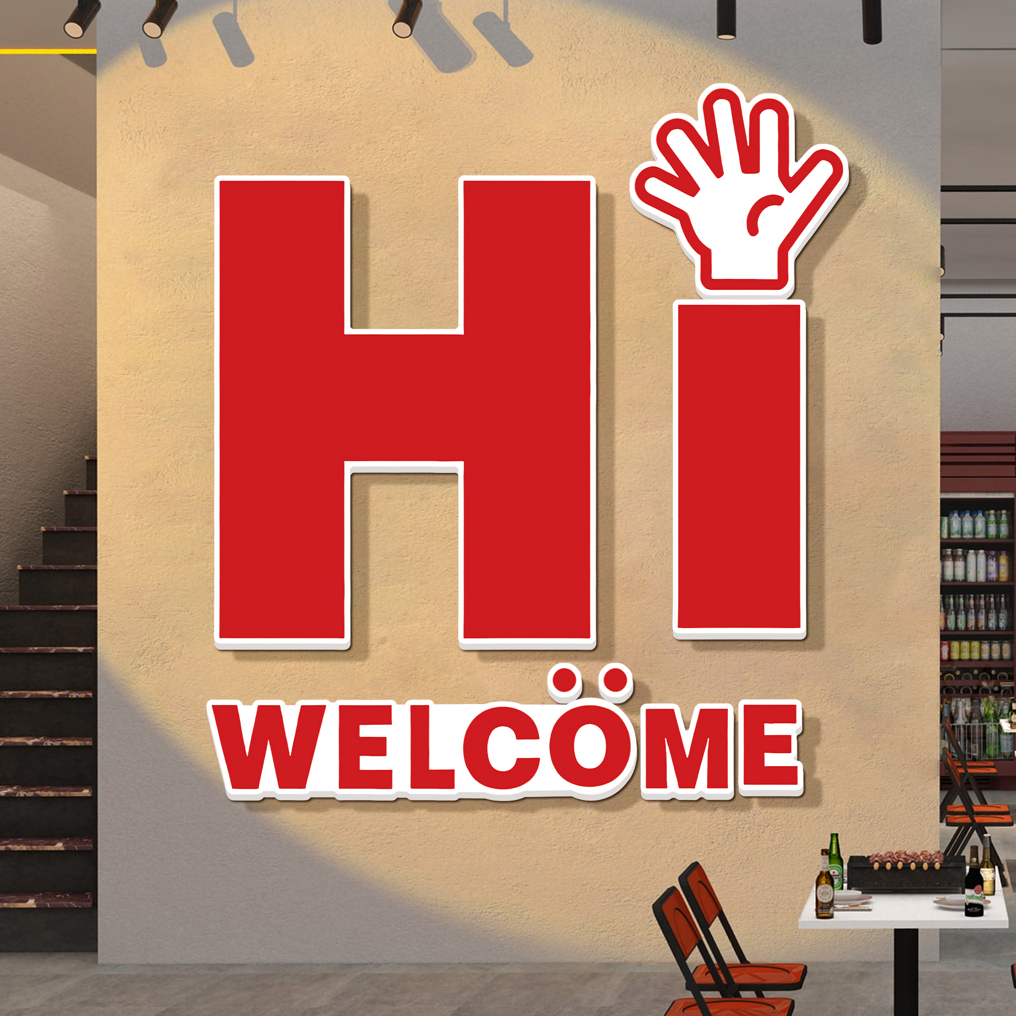 HI欢迎光临烧烤店铺门头背景装饰画健身房火锅小酒吧创意橱窗墙贴图片