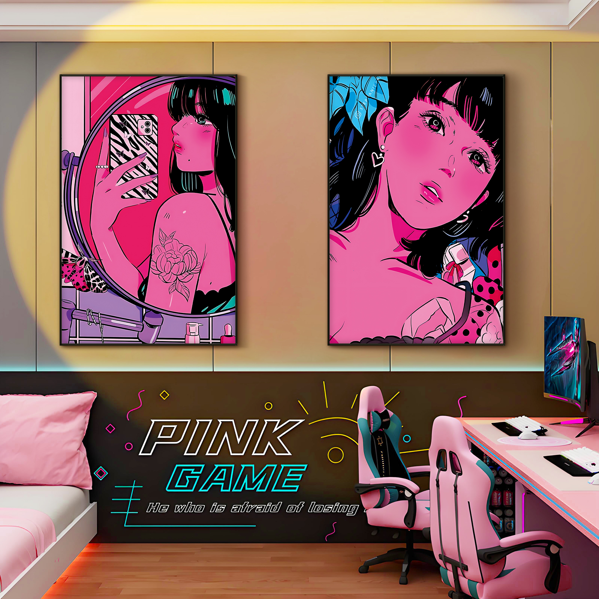 潮流二次元美女人物挂画电竞房间布置装饰网卡吧酒店卧室墙面摆件