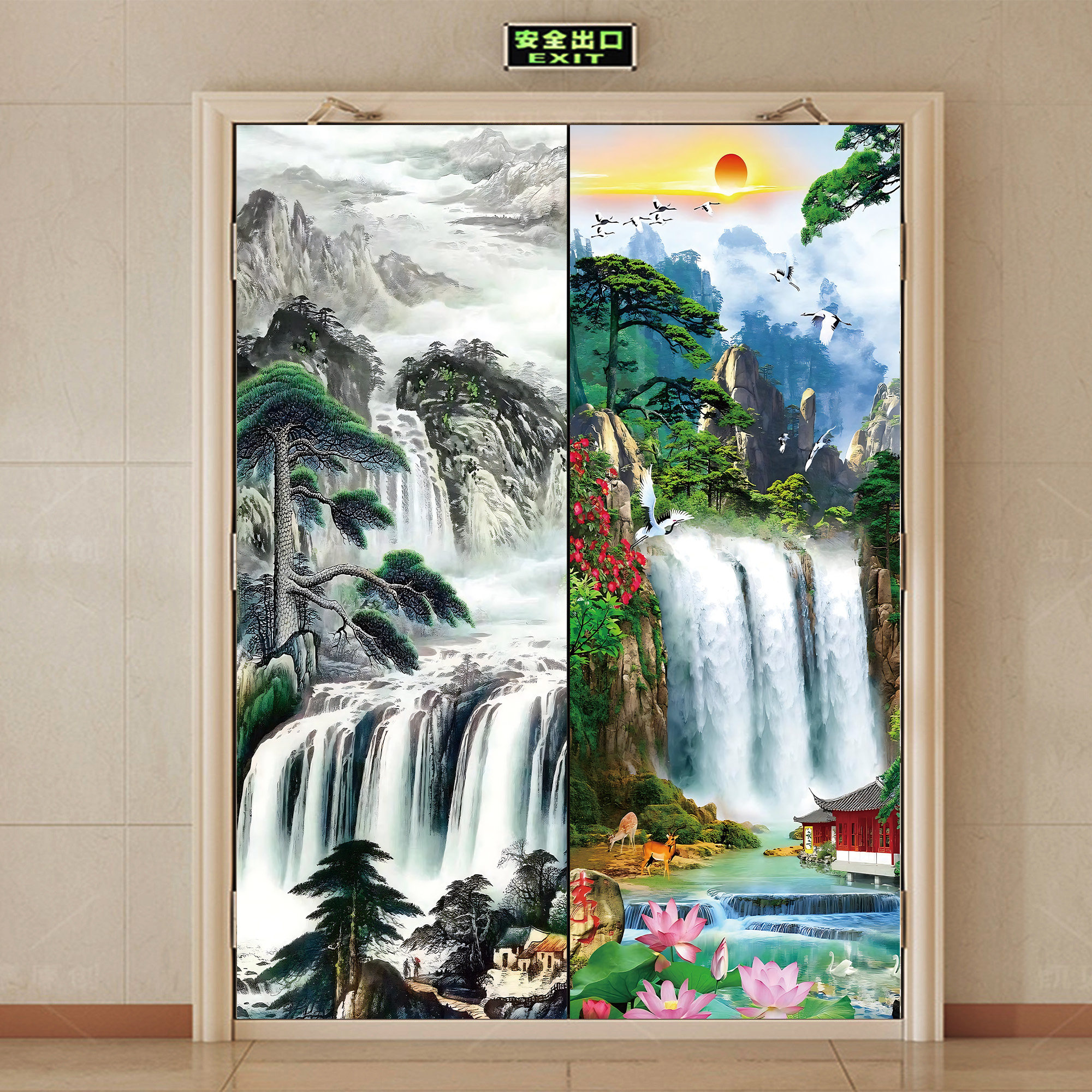 水井门贴纸电井门玻璃门招财进宝贴画风水山水画防火门遮丑自粘贴,家居饰品,门贴,淘宝优惠券,粉丝福利购,淘宝优惠卷