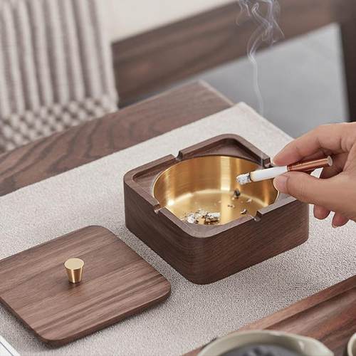 高档轻奢家用实木烟灰缸客厅带盖防飞灰创意个性办公室装饰品摆件