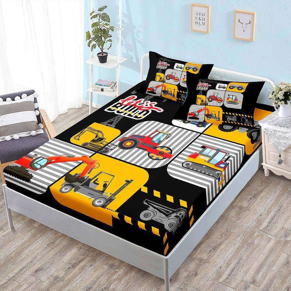 黄色卡通挖机床笠三件套枕套床罩外贸床垫保护套