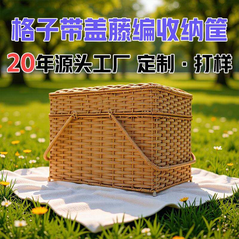 拜拜篮户外露营仿藤编菜篮子手提篮双层编织格子带盖藤编收纳筐