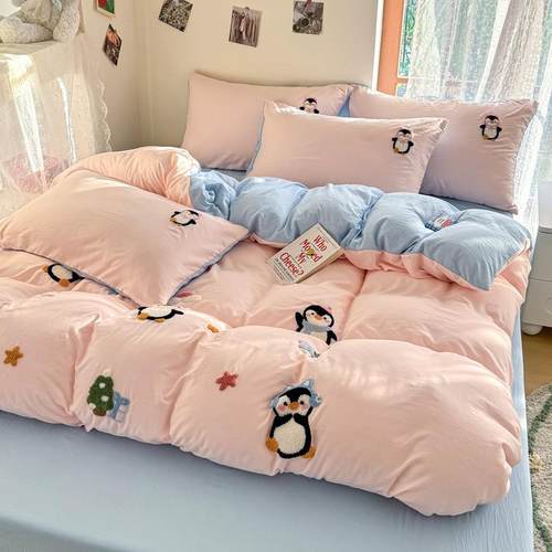 新款A类卡通毛巾绣水洗棉四件套床单被套宿舍三件套床笠床上用品4
