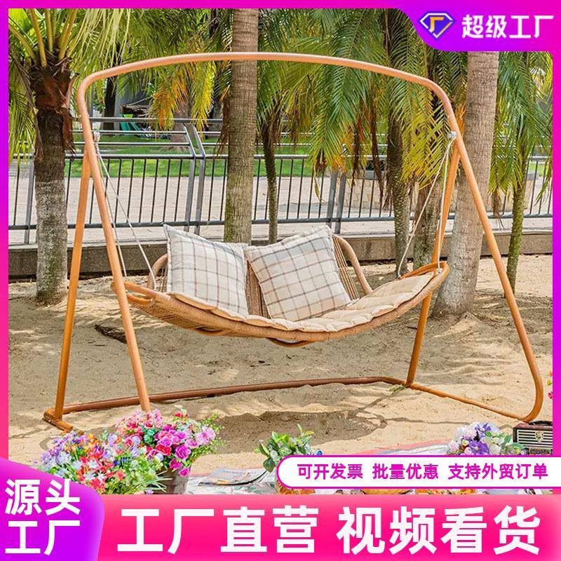 户外网红秋千花园庭院吊椅阳台木纹色秋千防水防晒室内藤编吊篮
