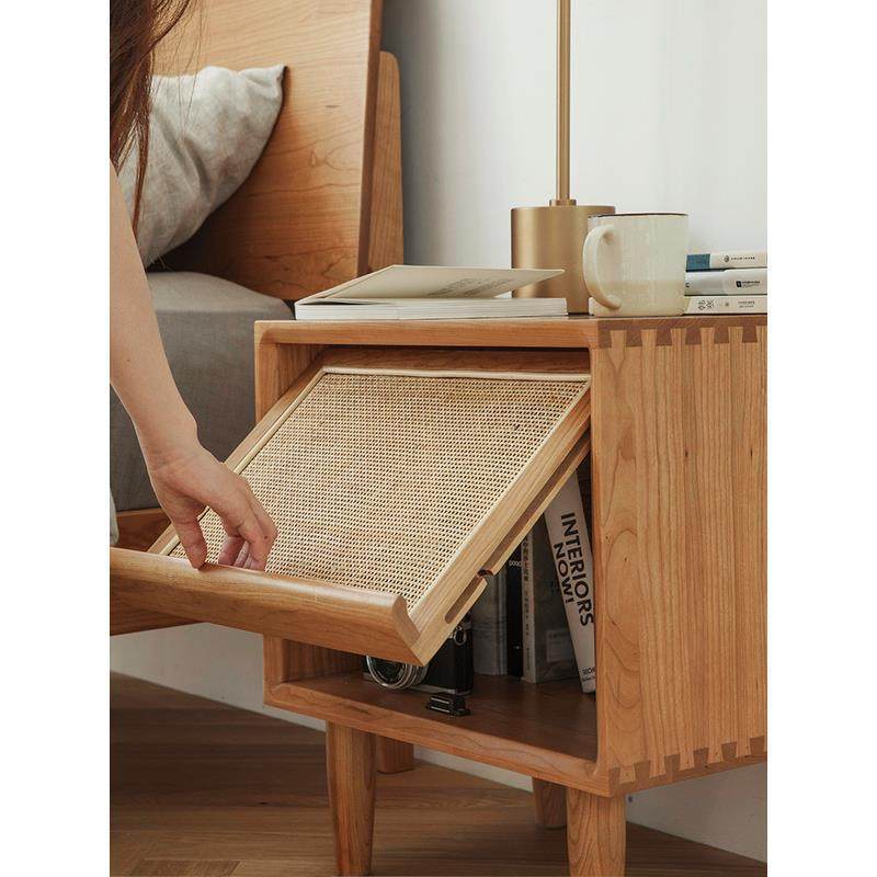 北欧藤编床头柜迷你小型全实木樱桃木储物床边卧室收纳柜