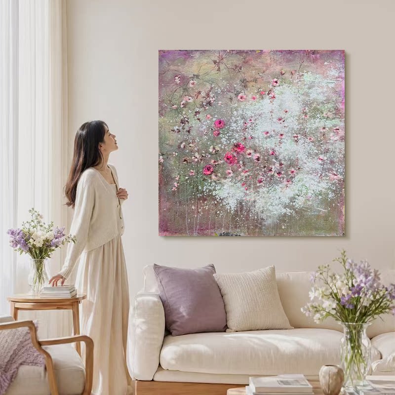 HW.piant手绘油画《雾里繁花》侘寂风卧室装饰画客厅高档挂画图片