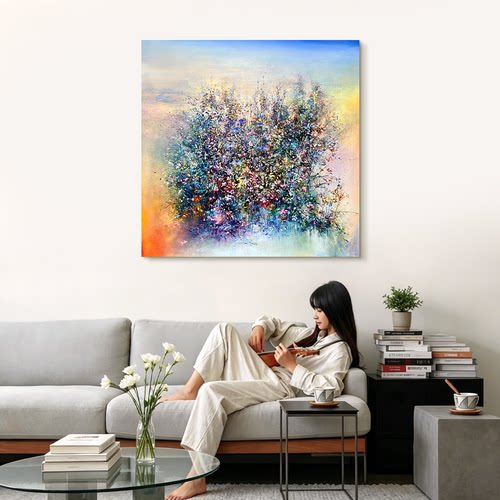 HW.piant手绘油画《晴霞缀芳》侘寂风客厅手工挂画玄关装饰抽象画