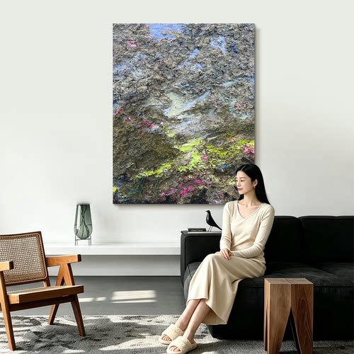 HW.Piant原创手绘《山野逢春》客厅装饰装置画侘寂风玄关抽象挂画