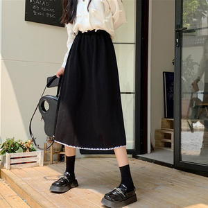 梨型身材遮胯针织半身裙女高腰显瘦花边设计感大码宽松a字中长裙