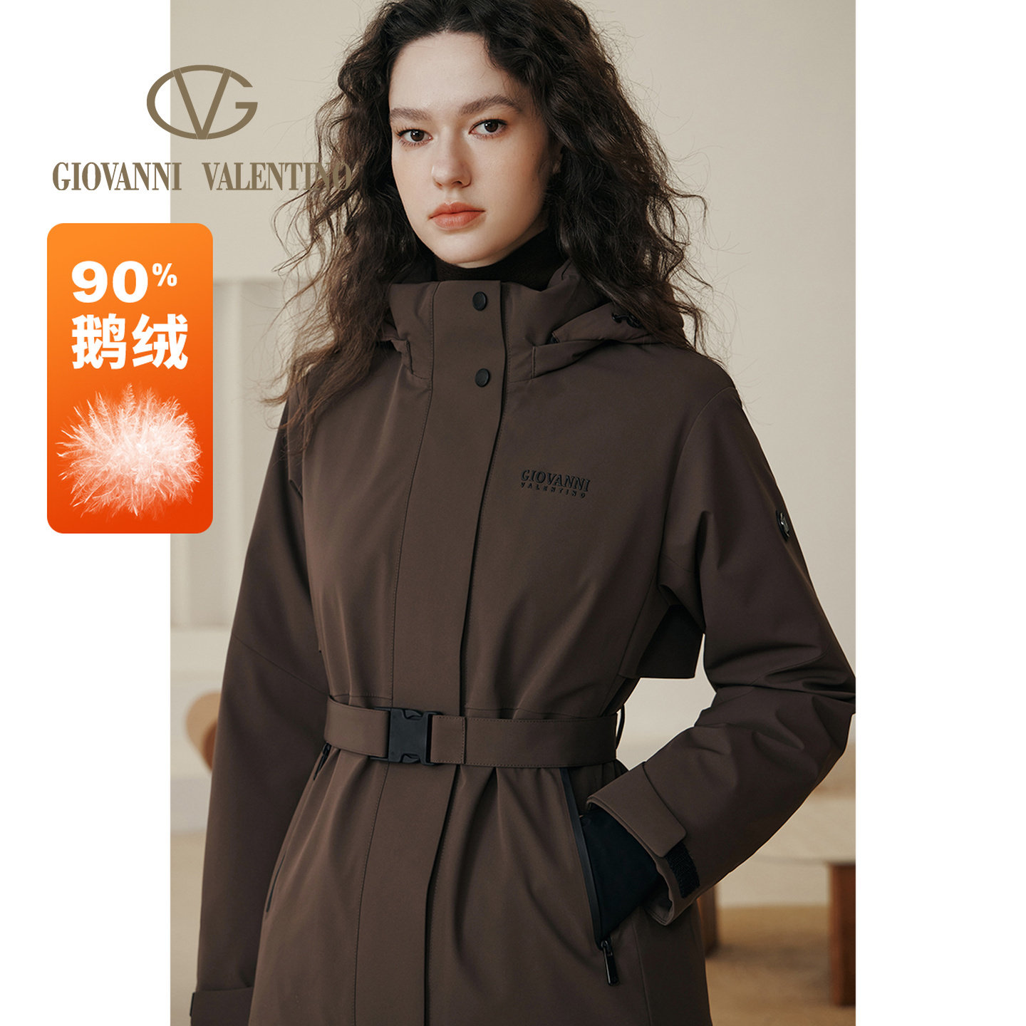 GIOVANNI VALENTINO冬季新款女士羽绒服90白鹅绒轻薄保暖连帽外套