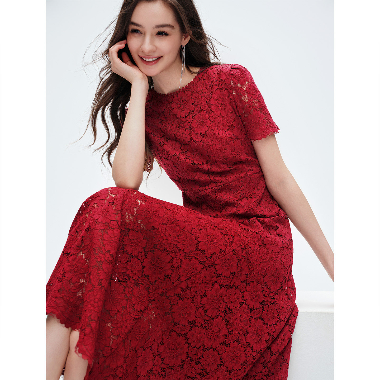 GIOVANNI VALENTINO夏季新品短袖连衣裙收腰圆领蕾丝气质A字裙