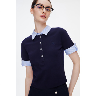 修身 GIOVANNI 针织衫 女士短袖 显瘦假两件翻领T恤 VALENTINO春夏季