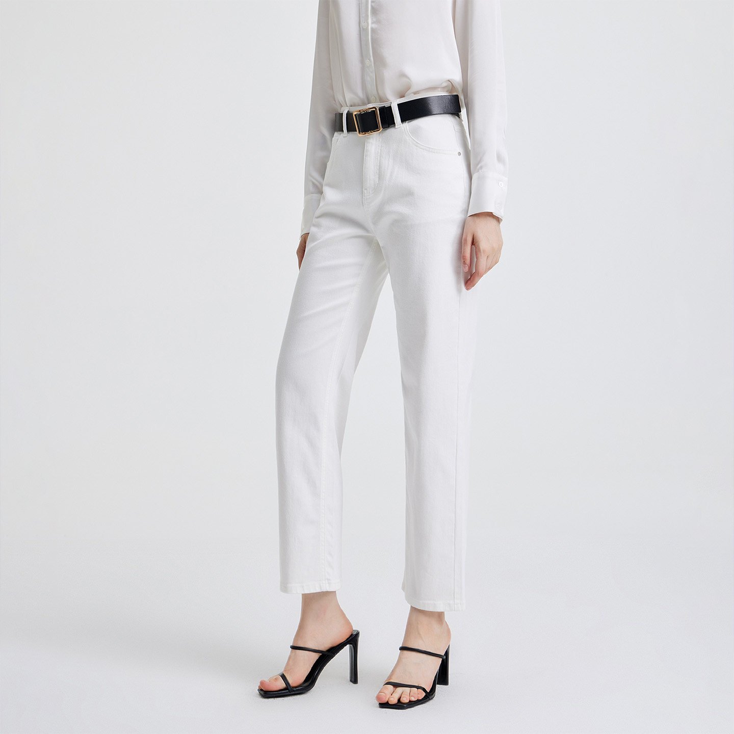 GIOVANNI VALENTINO春季女士白色牛仔裤休闲高腰修身显瘦直筒长裤