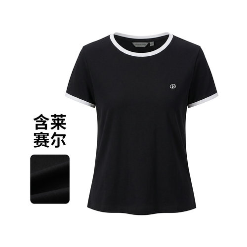 GIOVANNI VALENTINO含莱赛尔女士夏季短袖圆领短袖T恤休闲撞色领