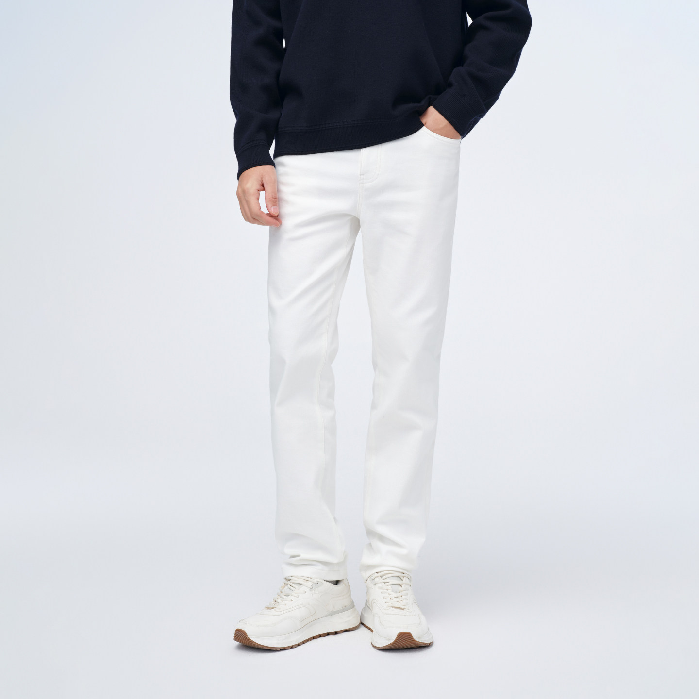 GIOVANNI VALENTINO磨毛白色牛仔裤男士秋冬季宽松直筒休闲长裤子