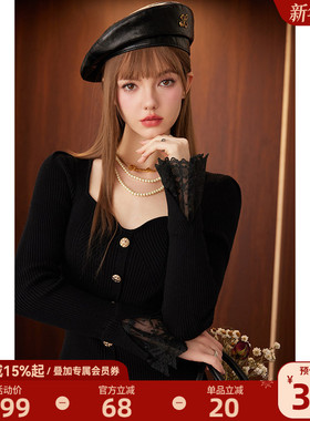 BANANA CICI2025年冬季法式千金风蕾丝拼接泡泡袖针织连衣裙