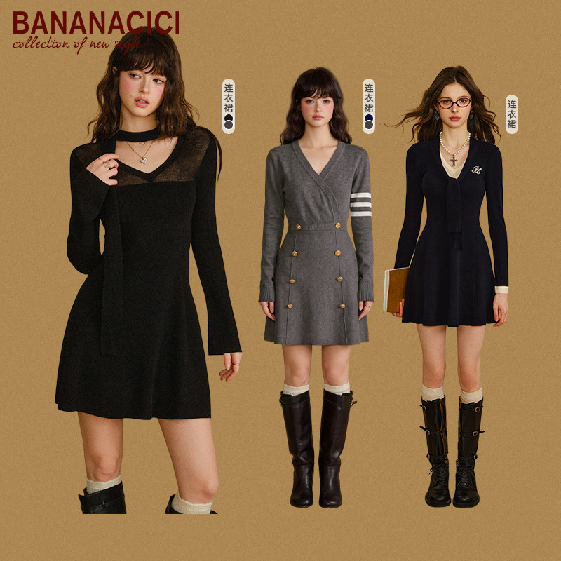 BANANA CICI2026年冬季新款长袖蝴蝶结系带/刺绣/V领连衣裙
