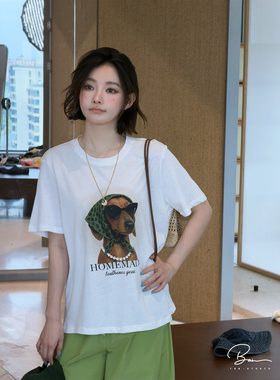 佟小白TXB “出街假期”趣味小狗印花宽松休闲圆领短袖t恤上衣女