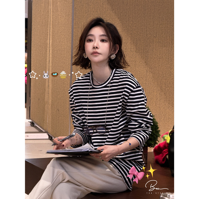 佟小白TXB 100棉撞色蓝白条纹内搭慵懒风休闲打底衫t恤上衣女