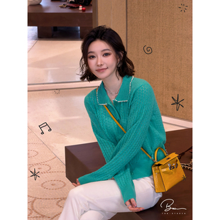 佟小白TXB S+珠领 100山羊绒进口手工翻领纽扣开衫女珍珠配饰毛衣