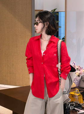 佟小白TXB 4月20日新品 红色夏季防晒衬衫女慵懒气质亚麻休闲衬衣
