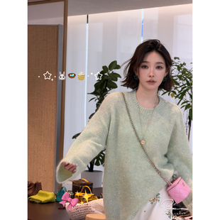 上衣女 毛衣春季 佟小白TXB 绿色马海毛羊毛混纺休闲百搭圆领针织衫