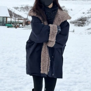 复古时尚休闲宽松中长款毛领棉服女款冬季加厚棉衣加绒羊羔毛外套