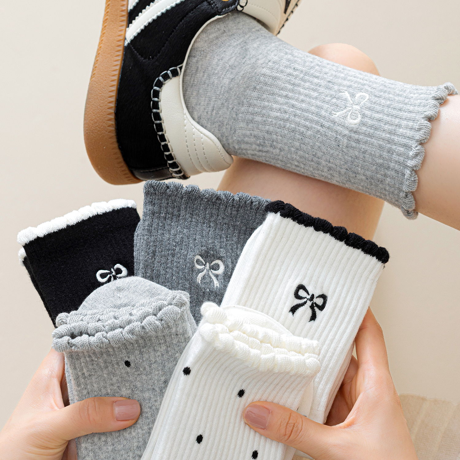 袜子女春秋款长袜日系波点蝴蝶结