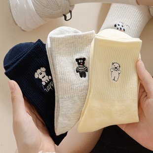 刺绣袜子女春秋款 中筒袜可爱卡通日系吸汗防臭学院风运动纯棉长袜