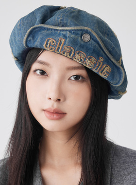clásico水洗磨破牛仔翻檐报童帽休闲复古百搭25新款元气少女风