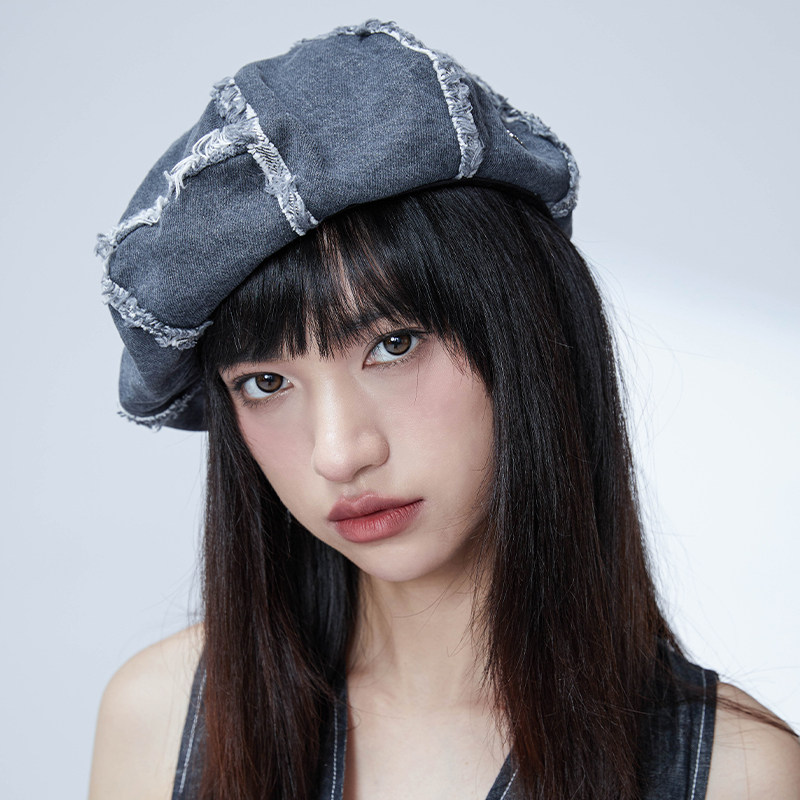 clasico洗水擦色解构贝雷帽 深蓝色炭灰色翻毛边结构画家帽可调节