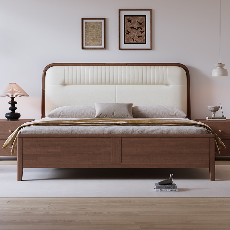 胡桃木全实木床1.8米家用主卧大床简约双人床1.5米新中式软包婚床