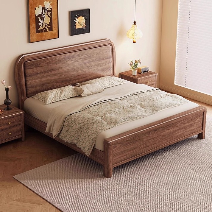 加厚黑胡桃木全实木床1.8米现代简约主次卧双人床1.5米新中式婚床