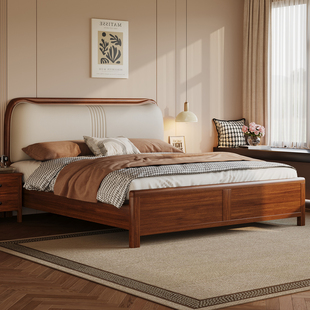 进口胡桃木1.8m全实木床高端主卧1.5m加厚软包床双人婚床现代简约