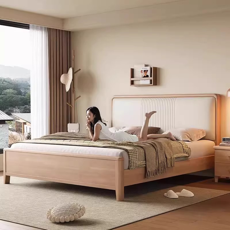 榉木实木床1.8m双人床1.5米中式主卧软包大床储物床现代简约婚床