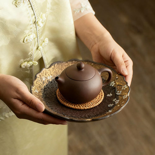 梅花銮金壶承粗陶干泡台壶垫储水式复古陶瓷茶道配件茶盘