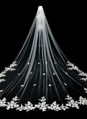 高级重工复古蕾丝花边头纱新娘结婚跟妆造型超长拖尾森系头饰轻纱