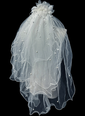 新娘结婚主婚纱头纱超仙森系多层蓬蓬复古花朵头纱珍珠头饰2025新