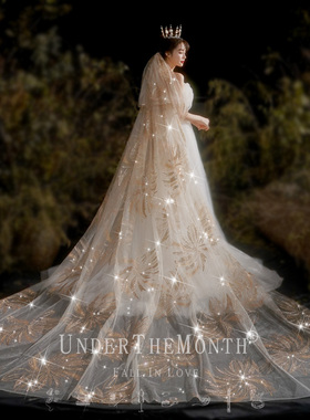 月下相恋长款主婚纱头纱抖音闪闪亮片拖尾大头纱结婚拍照头纱头饰