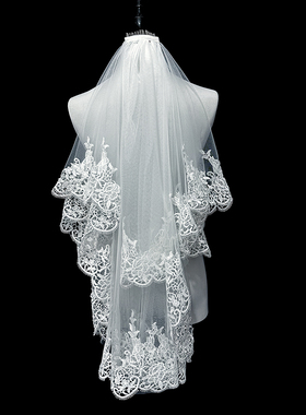 新娘结婚主婚纱头纱超仙森系高级感轻奢水溶蕾丝双层拍照头纱头饰