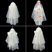 多巴胺彩色蝴蝶头纱新娘结婚主婚纱头纱超仙森系草坪婚礼花朵头纱