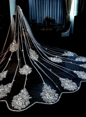 新娘结婚主婚纱头纱原创重工珠绣亮片头纱超仙婚礼长款大拖尾头纱