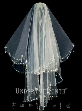 新娘结婚主婚纱头纱求婚领证登记高级感珍珠头纱头饰手工穿珠头纱