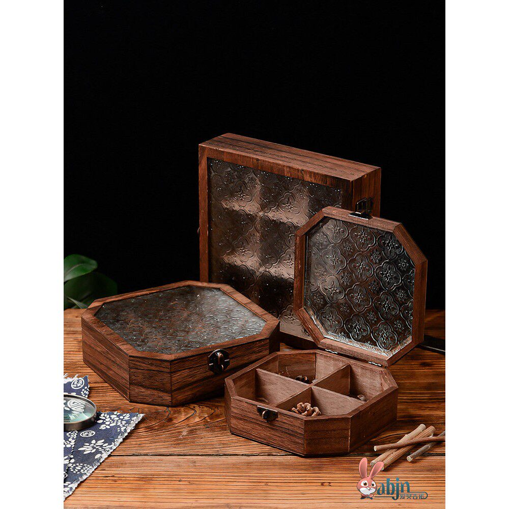 复古珠宝收纳盒九宫格海棠花玻璃桌面整理翻盖木盒化妆台装饰摆设