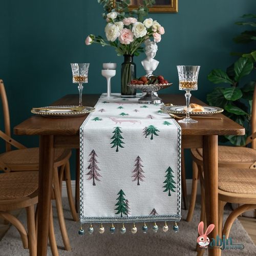 圣诞节桌面布置桌旗北欧茶几绿色圣诞松树麋鹿流苏客厅餐桌布电视