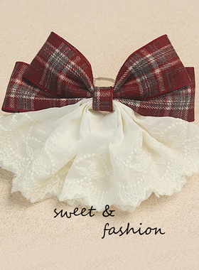 儿童发夹复古格纹蝴蝶结发夹英伦蕾丝裙摆发卡甜美女童后脑勺头饰