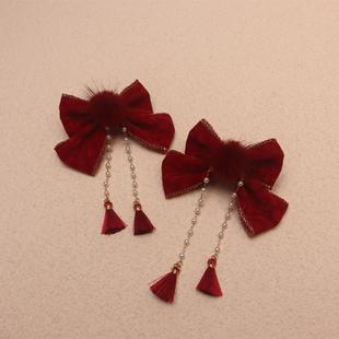 酒红毛绒蝴蝶结对夹头饰新年儿童绒球发夹女孩发饰女宝宝拜年发卡