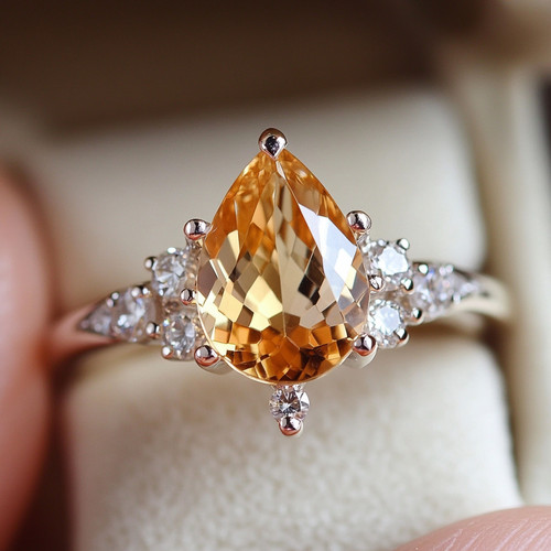 925银天然黄水晶托帕石戒指2克拉梨形设计时尚百搭高端大气质感