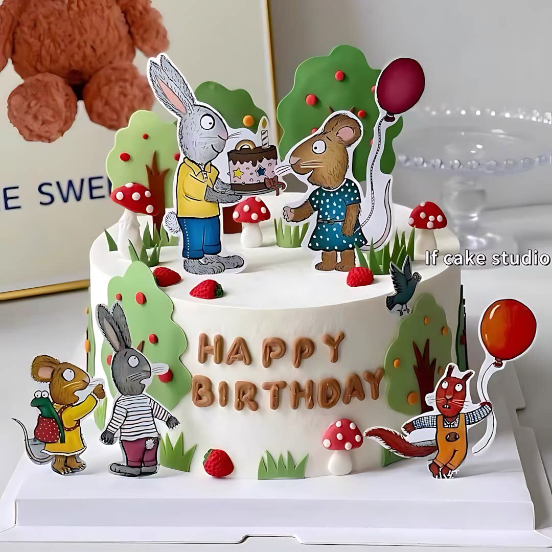 网红手绘波西和皮普蛋糕装饰庆祝儿童生日周岁小兔子气球小树插件