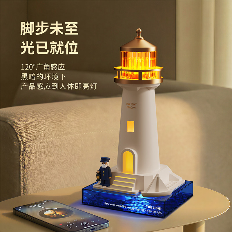 灯塔小夜灯夕阳日落投影氛围灯遥控定时蓝牙音响女生卧室感应夜灯
